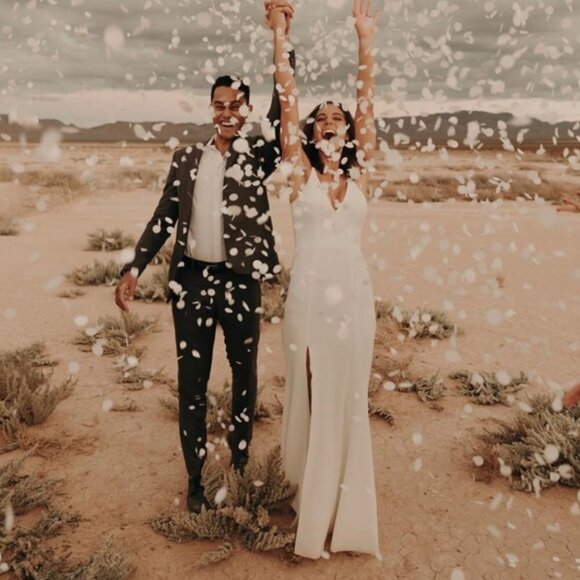 NEW Dress the Population Iris Crepe Plunge Side Slit White Maxi Gown - Picture 3 of 13